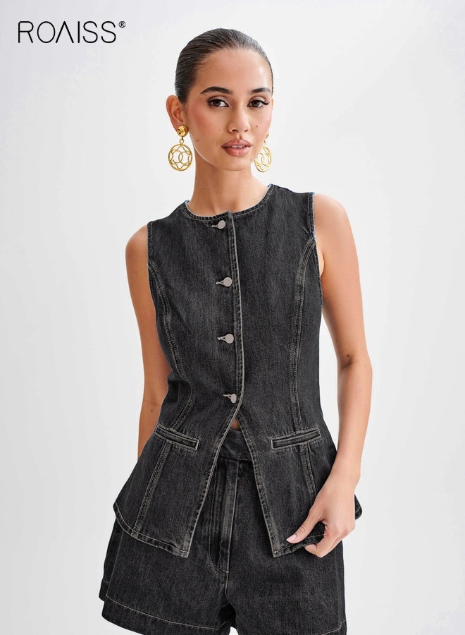 roaiss Sleeveless Denim Suit for Women Chic Summer Outfit Denim Set Ladies Sleeveless Crewneck Button-Up Denim Vest Top and High Waist Denim Shorts Trendy Comfortable Black - Image 3