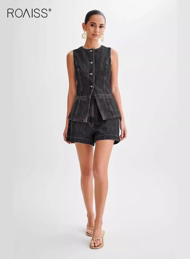 roaiss Sleeveless Denim Suit for Women Chic Summer Outfit Denim Set Ladies Sleeveless Crewneck Button-Up Denim Vest Top and High Waist Denim Shorts Trendy Comfortable Black - Image 4