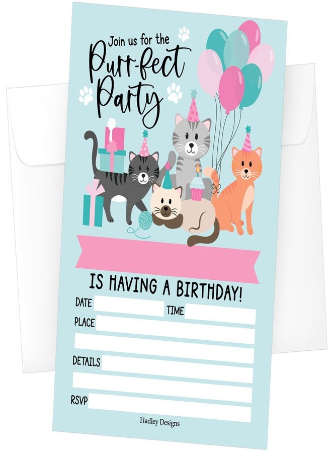 هادلي ديزاينز مجموعة هادلي ديزاينز لدعوات أعياد ميلاد الأطفال - تصميم قطط - 15 دعوة لحفلة عيد ميلاد قطط للبنات مع أظرف، دعوات مثالية للبنات، لوازم حفلات قطط لطيفة، صنع في الولايات المتحدة الأمريكية - Image 1
