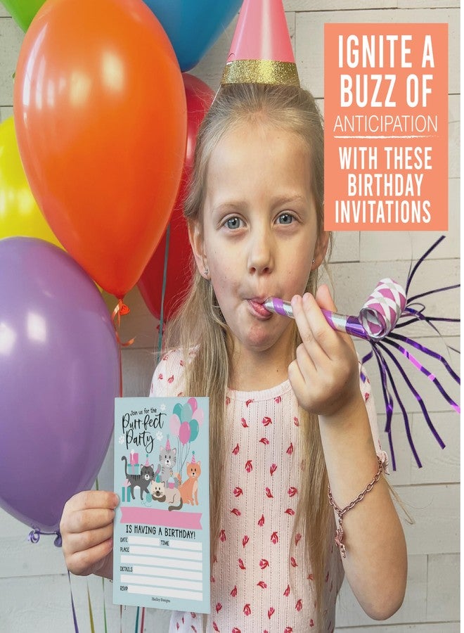 هادلي ديزاينز مجموعة هادلي ديزاينز لدعوات أعياد ميلاد الأطفال - تصميم قطط - 15 دعوة لحفلة عيد ميلاد قطط للبنات مع أظرف، دعوات مثالية للبنات، لوازم حفلات قطط لطيفة، صنع في الولايات المتحدة الأمريكية - Image 5