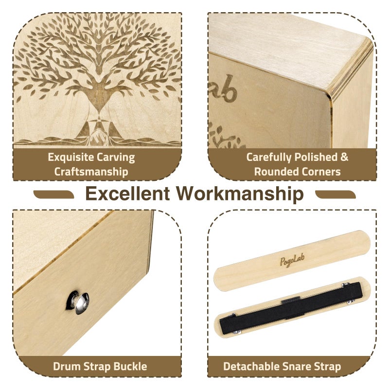 POGOLAB Portable Cajon, Multi-Tone Travel Drum Box with Storage Bag & Detachable Snare Drum Strap, Exquisite Carved Patterns, Beautiful Percussion Instrument Gift - Image 4