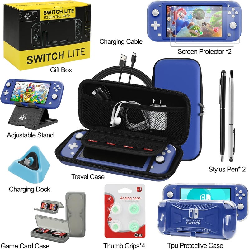 حزمة إكسسوارات Nintendo Switch Lite، تشمل حقيبة للحمل، غطاء للهاتف مصنوع من TPU مع واقي للشاشة، محطة شحن، قاعدة للعب، حافظة لبطاقات الألعاب، كابل USB، قلم استشعار (Stylus)، وأغطية للإبهام لجهاز Nintendo Switch Lite (اللون الأزرق). - Image 2