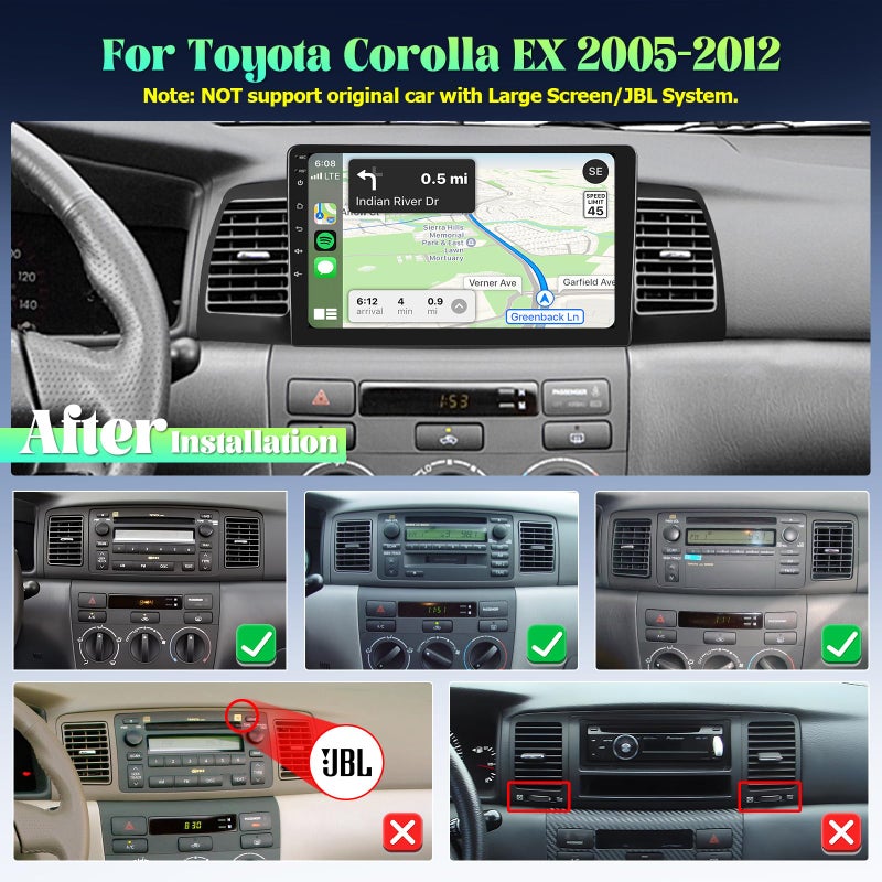 Roinvou 2+32G Android CarPlay Stereo for 2005-2012 Toyota Corolla EX, 9'' Touch Screen in-Dash GPS Navigation with Built-in Wireless CarPlay Android Auto Support Mirror Link BT RDS AHD DSP - Image 2