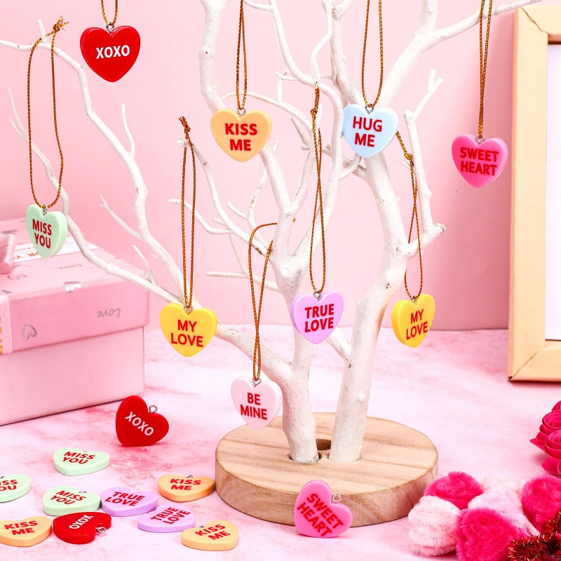 DTOFOOT 48PCS Valentine's Day Ornaments Mini Resin Conversation Hearts Ornaments Tiny Candy Heart Hanging Ornaments for Tree Valentines Figurines Charms Pendants with String for Wedding Party Decor - Image 3
