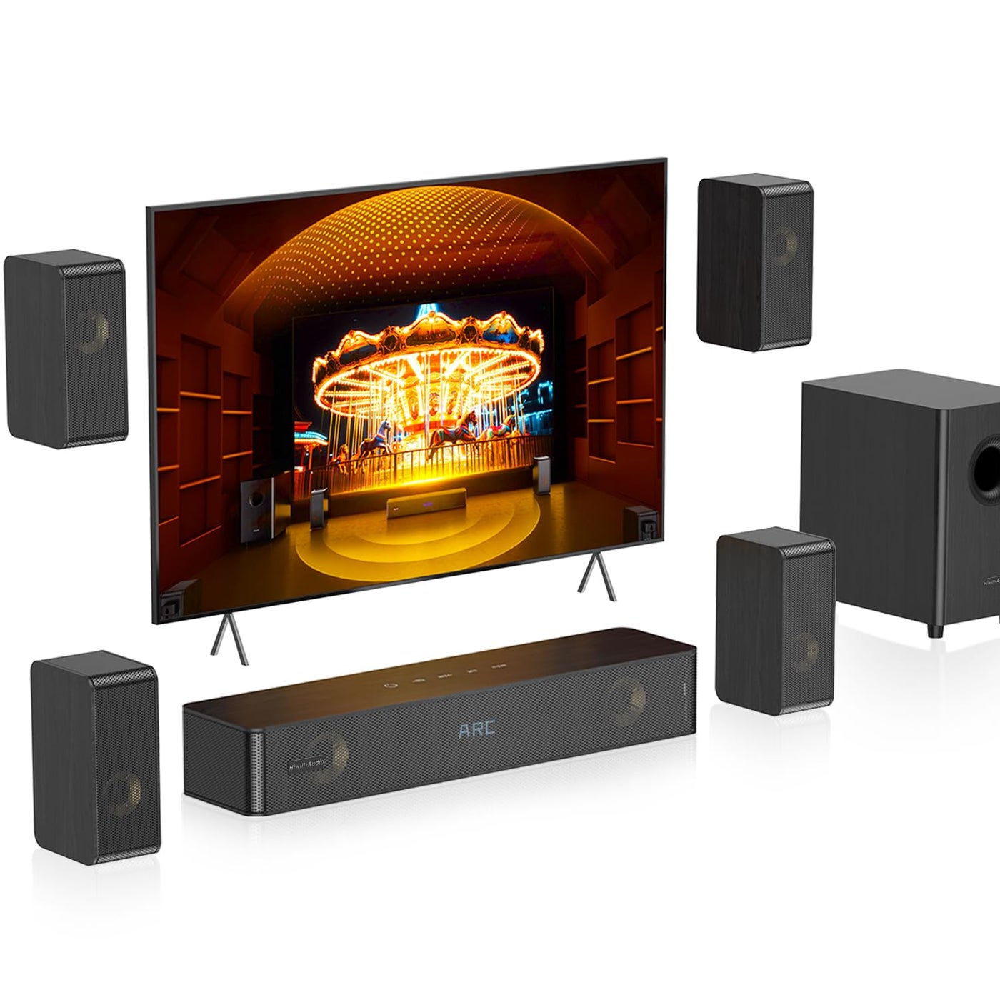 Hiwill-Audio Wooden 5.1.2 Sound Bars, 4 Surround Speakers Wired, Virtual Surround Sound System, Soundbar for Smart TV Speaker w/5.25'' Subwoofer, Home Theater System, ARC/Opt/BT/AUX, HiPulse N512