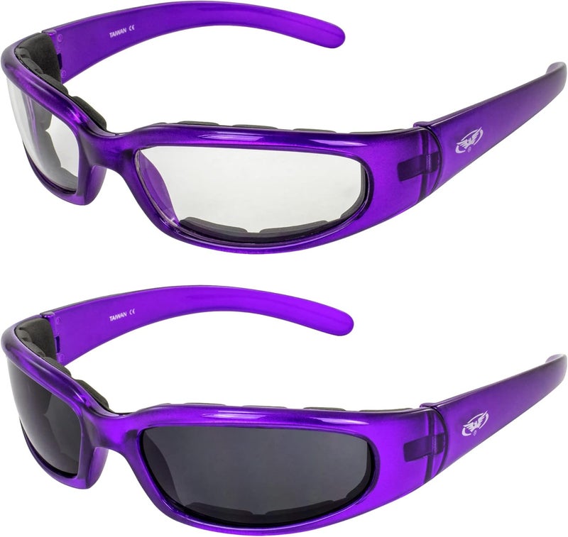 Global Vision نظارات موتوسيكل أمان مبطنة من جلوبال فيجن شيكاغو للنساء - إطار بنفسجي مع عدسات شفافة وسوبر داكنة - Image 1