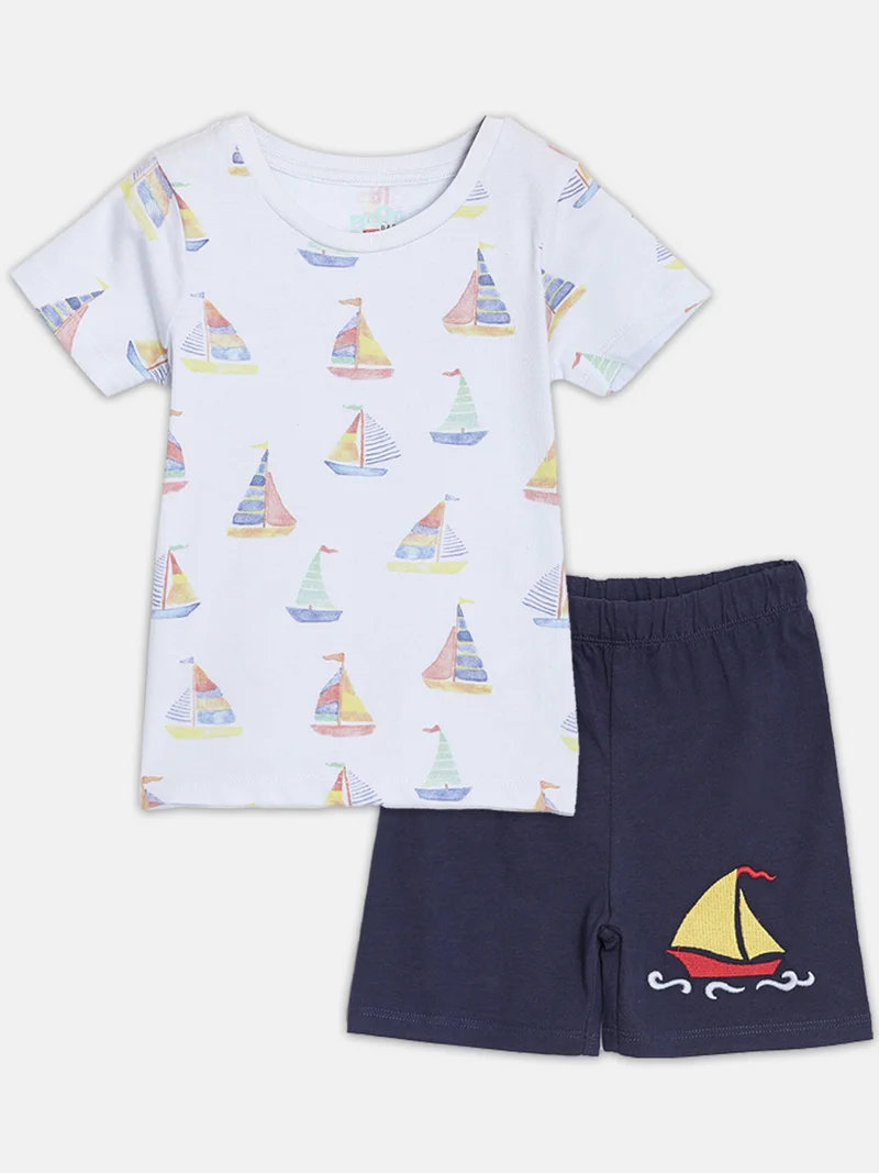 Broon Broon Infant Boys Blue and Navy Printed Organic Cotton T-shirt with Shorts Set