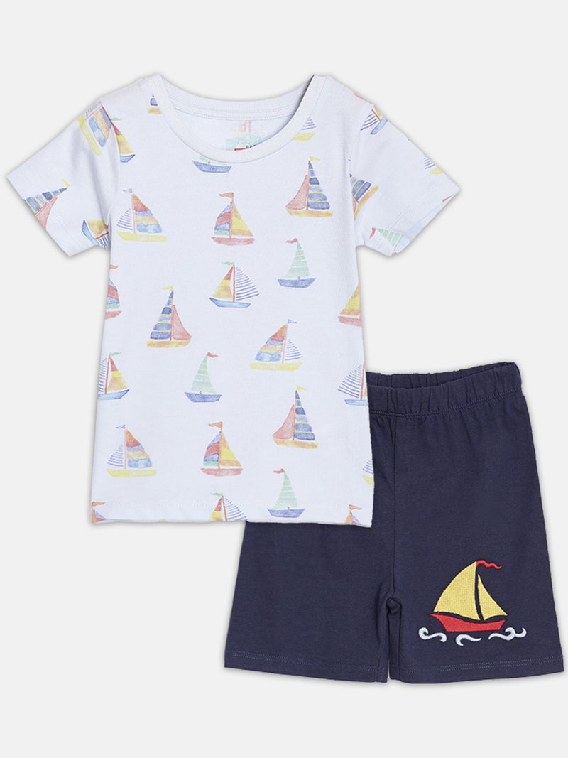 Broon Infant Boys Blue and Navy Printed Organic Cotton T-shirt with Shorts Set - Image 1