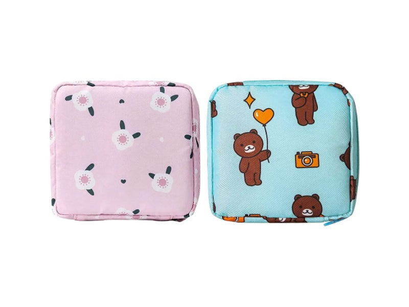 2PCS Sanitary Napkin Storage Bag, Zipper Menstrual Pad Bag Portable Sanitary Napkin Storage Tampons Holder for Purse First Period Kit for Teen Girls Store Sanitary Pads for Women (Begonia flower+bear)