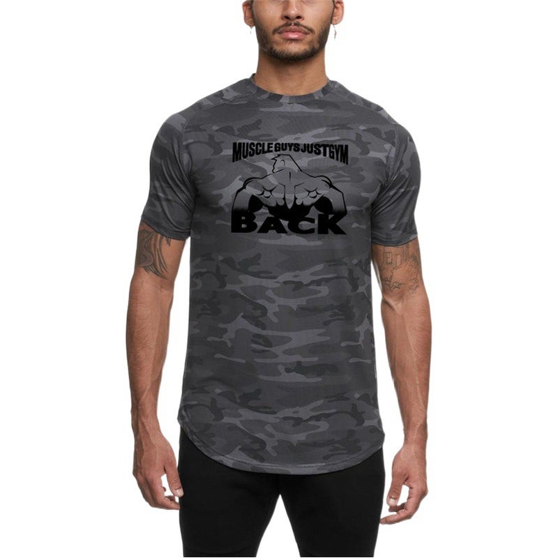 Muscle fitness men''s spring and summer running sports leisure training exercise basketball camouflage quick-drying short sleeve t-shirt - Image 2