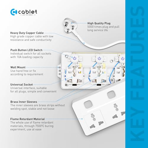 Cablet 250 Volts Extension Board 2500W 10A, 4 Universal Sockets, Individual Switches, 1.8M Heavy Duty Copper Wire, LED Indicator, Power Strip for Home and Office Use - Image 4