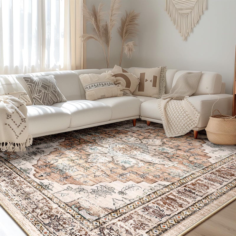 BESTSWEETIE Area Rug 5x7 Rugs for Living Room 5 x 7 Washable Rugs Non Slip Vintage Boho Living Room Rugs for Bedroom Dining Room  Distressed Floral Pattern Carpet  Orange Pink Brown Earth Tones - Image 1