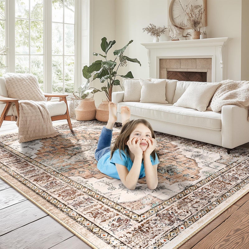 BESTSWEETIE Area Rug 5x7 Rugs for Living Room 5 x 7 Washable Rugs Non Slip Vintage Boho Living Room Rugs for Bedroom Dining Room  Distressed Floral Pattern Carpet  Orange Pink Brown Earth Tones - Image 4