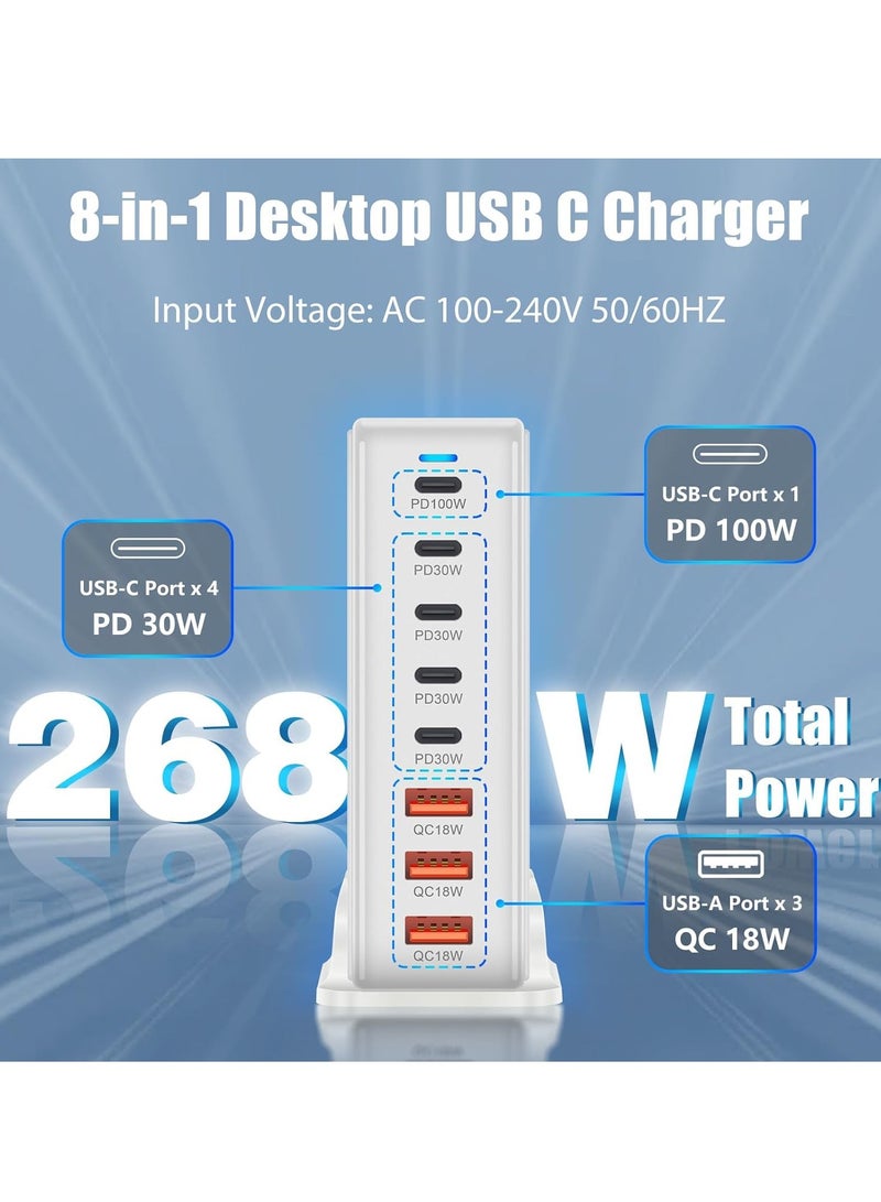 Digi Core شاحن USB متعدد، 268 وات USB C سريع، محطة شحن 8 منافذ، محطة شحن USB وType C محمولة، شاحن حائط، محول شريط طاقة 268 وات Gan USB Type C سريع، قابس المملكة المتحدة متعدد الاستخدامات، أبيض - Image 3