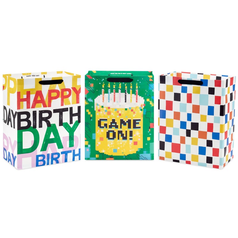 Hallmark 13 Large Birthday Gift Bag Bundle 3 Bags Happy Birthday 8Bit Game On for Gamers Teens Dads