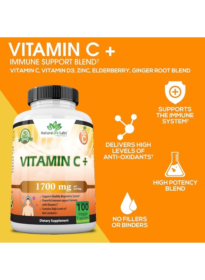 NaturaLife Labs Vitamin C 1,700 Mg With Vitamin D3, Zinc, Elderberry, Ginger Root - Maximum Strength Multi System Immune Support- 100 Veggie Capsules