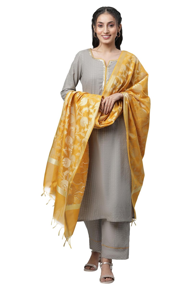 Aurelia Grey Checked Yarn Dyed Cotton Kurta Dupatta Bottomwear - Image 1