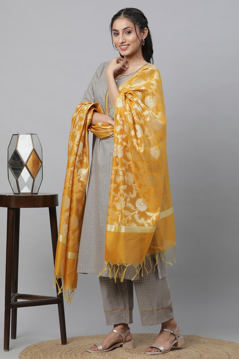 Aurelia Grey Checked Yarn Dyed Cotton Kurta Dupatta Bottomwear - Image 2