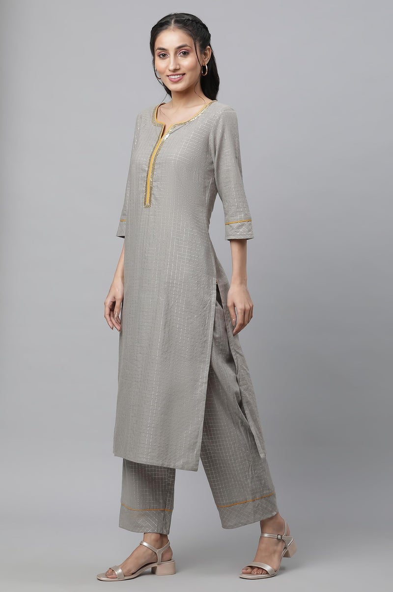 Aurelia Grey Checked Yarn Dyed Cotton Kurta Dupatta Bottomwear - Image 3