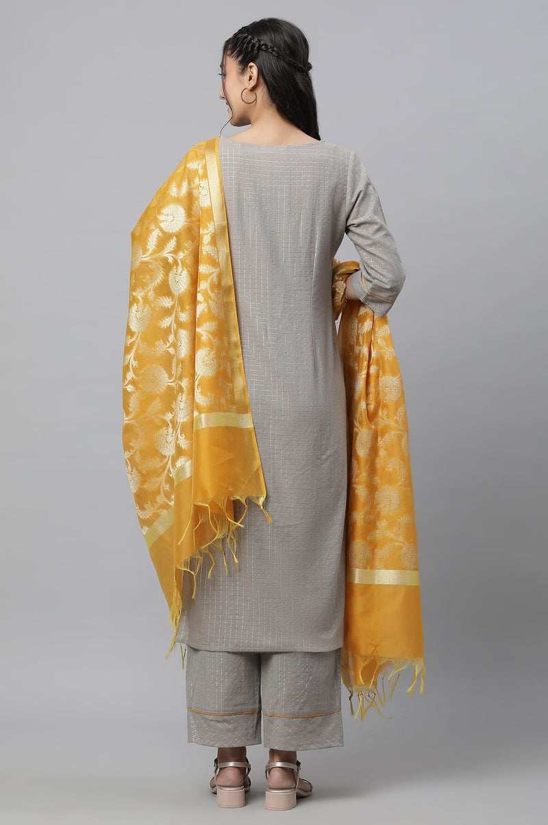 Aurelia Grey Checked Yarn Dyed Cotton Kurta Dupatta Bottomwear - Image 4