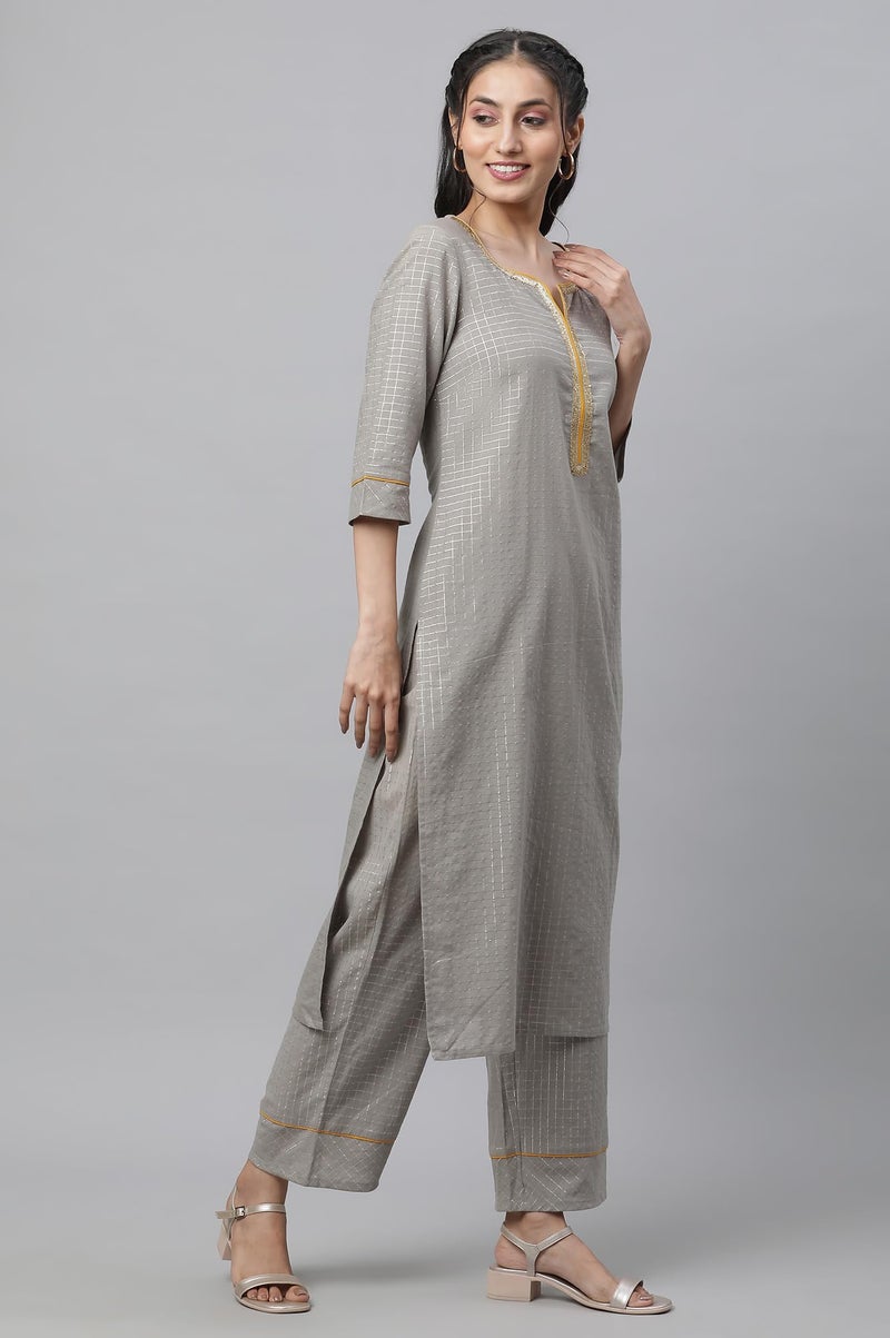 Aurelia Grey Checked Yarn Dyed Cotton Kurta Dupatta Bottomwear - Image 5