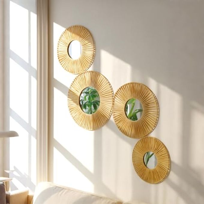 Artilady 4 Pack Hanging Baskets Wall Art Decorative Woven Lafite Basket Boho Wall Hanging, Rustic Round Mirrors Natural Coastal Home Decor Set for Bedroom Living Room Nursery - Image 5