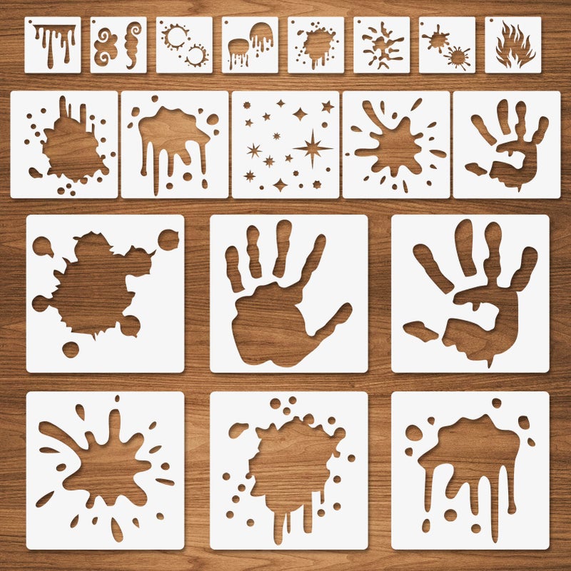 19 Pcs Stain and Splatter Stencils Graffiti Spills Shoe Stencils Flame Fire Drip Assorted Sizes Reusable Plastic Template for Painting on Wood Wall Paper Fabric for Halloween Cosplay Party 1063