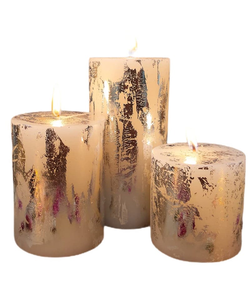Floryn Decor Set of 3 Metallic Pillar Candles Decoration Dinner Wedding Party Candles Perfect Use for Home Decor - Church-Spa Candle, Restaurant | Smokeless & Dripless (Silver Dust) - Image 5