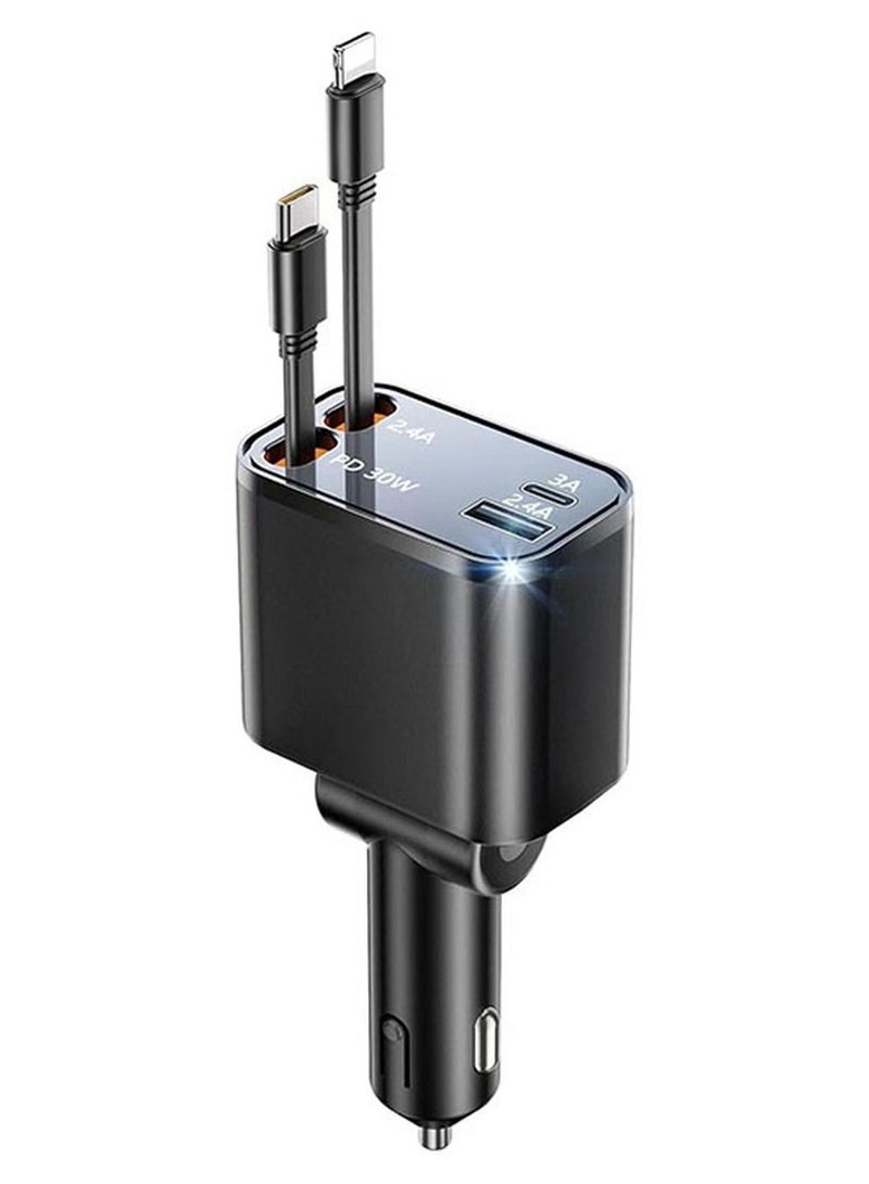 شاحن سيارة قابل للسحب بتقنية PD30W + 2.4A + 69W كحد أقصى + 2.4A، شاحن سيارة فائق السرعة 4 في 1 لهواتف آيفون وأجهزة أخرى. قابس شاحن USB متوافق مع هواتف آيفون، سامسونج، جالاكسي، هواوي، وشاومي. - Image 1
