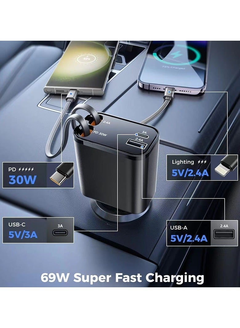 شاحن سيارة قابل للسحب بتقنية PD30W + 2.4A + 69W كحد أقصى + 2.4A، شاحن سيارة فائق السرعة 4 في 1 لهواتف آيفون وأجهزة أخرى. قابس شاحن USB متوافق مع هواتف آيفون، سامسونج، جالاكسي، هواوي، وشاومي. - Image 3