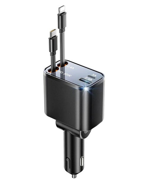 Retractable Car Charger 120W Super Fast Charging 4 in 1 Car Charger for iPhone Type C Car Bluetooth USB Charger Plug for iPhone, Samsung, Galaxy, Huawei, Xiaomi