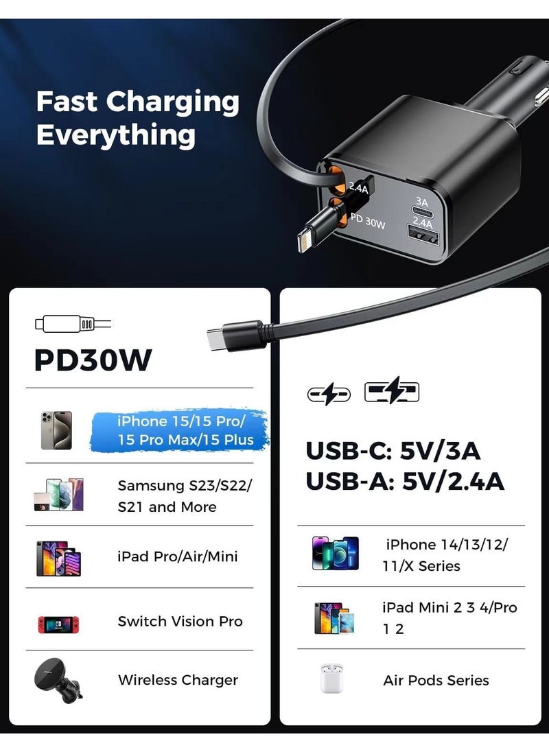 HYUNDAI - Retractable Car Charger 120W Super Fast Charging 4 in 1 Car Charger for iPhone Type C Car Bluetooth USB Charger Plug for iPhone, Samsung, Galaxy, Huawei, Xiaomi - Image 1