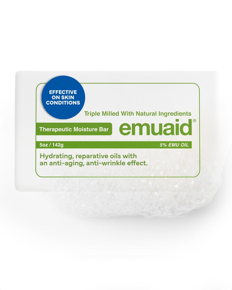 emuaid Therapeutic Moisture Bar, Cleansing Face and Body Bar Soap, Soothes and Repairs Dry, Damaged Skin with 5% Emu Oil, Tea Tree Oil, Argan Oil, Macadamia, & Jojoba, For All Skin Types, 5oz, 1 Pack - Image 1