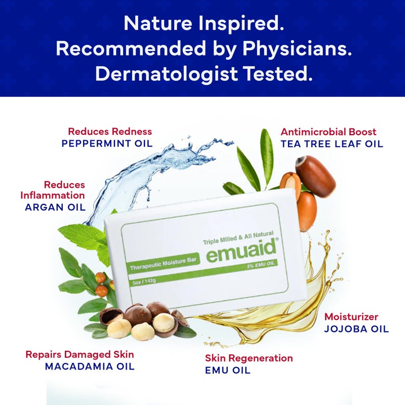 emuaid Therapeutic Moisture Bar, Cleansing Face and Body Bar Soap, Soothes and Repairs Dry, Damaged Skin with 5% Emu Oil, Tea Tree Oil, Argan Oil, Macadamia, & Jojoba, For All Skin Types, 5oz, 1 Pack - Image 4