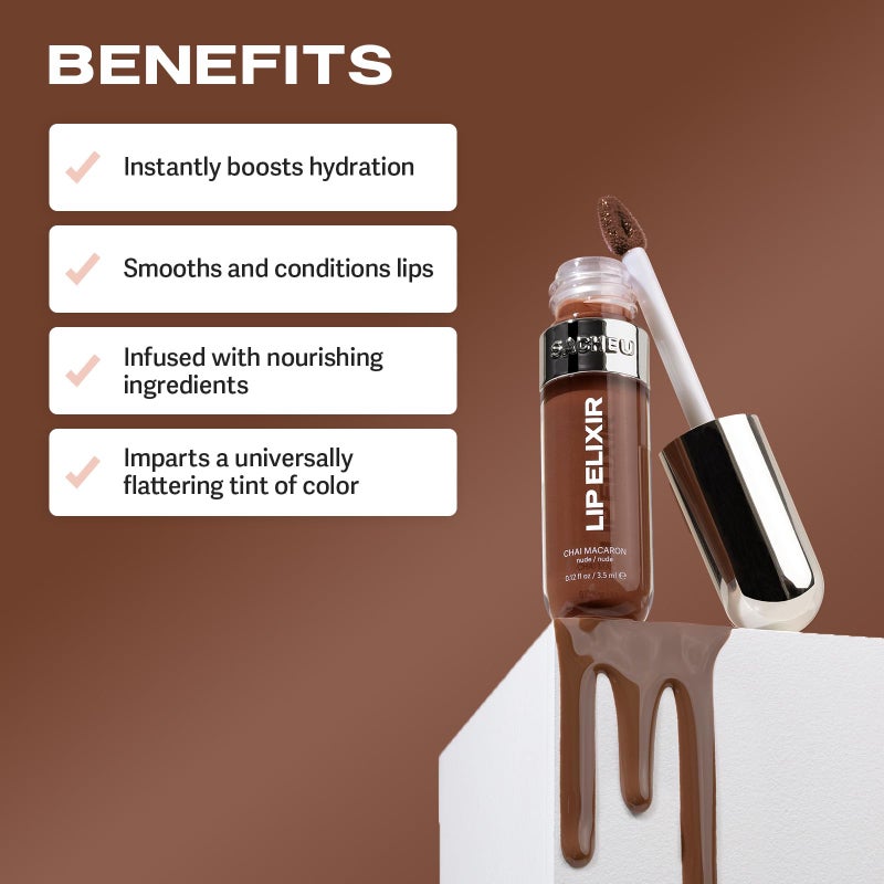 Sacheu Lip Elixir Nourishing and Hydrating Lipgloss â€” Moisturizing Plumping Lip Gloss Enriched with Collagen, Non-Sticky Lip Color Smooth High-Shine Finish, Vegan & Cruelty-Free, Chai Macaron - Image 4