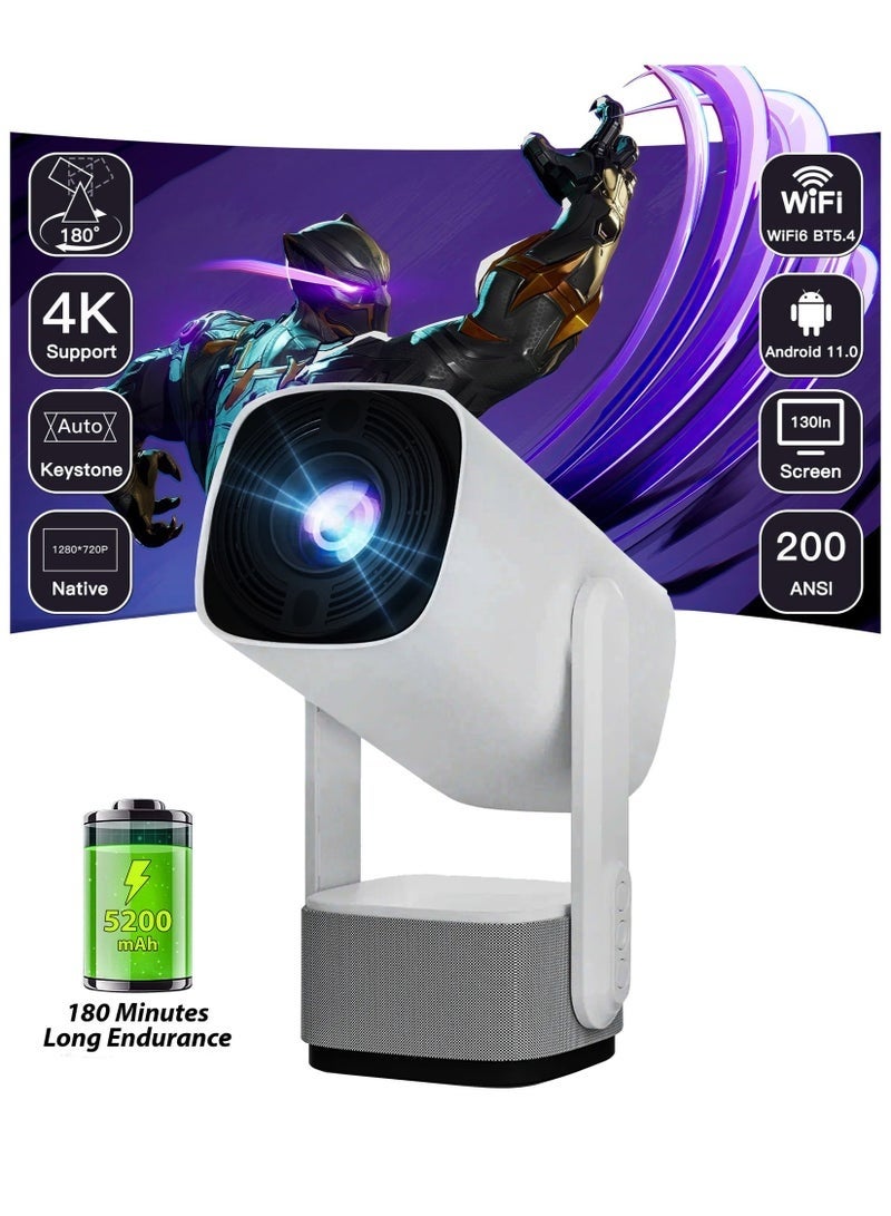 Portable Smart Pan-Tilt Projector with 4K Support & 180" HD Display – Dual-Band 5G/2.4G Wi-Fi, Android 11, Auto Keystone, HDMI/USB Inputs, Built-In Speaker & Remote Control for Home Theater & Presentations