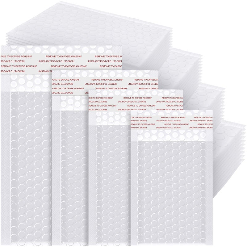 Henoyso 100 Pcs Bubble Mailer 4 Sizes Self Adhesive Waterproof Padded Envelopes Cushioning Seal Bubble Shipping Envelopes for Mailing Packaging Small Business Packing Supplies (White) - Image 1