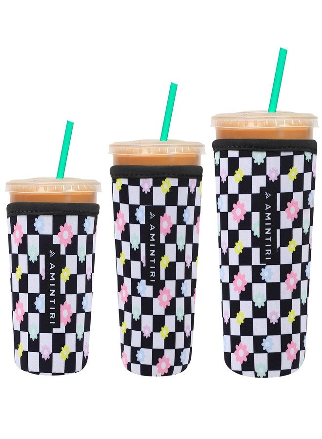 Amintiri Iced Coffee & Cold Soda Insulated Neoprene Cup Sleeve, 3 Pack Reusable Insulator Sleeve for Cold & Hot Drinks, Cold Beverage Cozy Sleeve Compatible with Starbucks Dunkin. (Checkerboard&Daisy) - Image 1