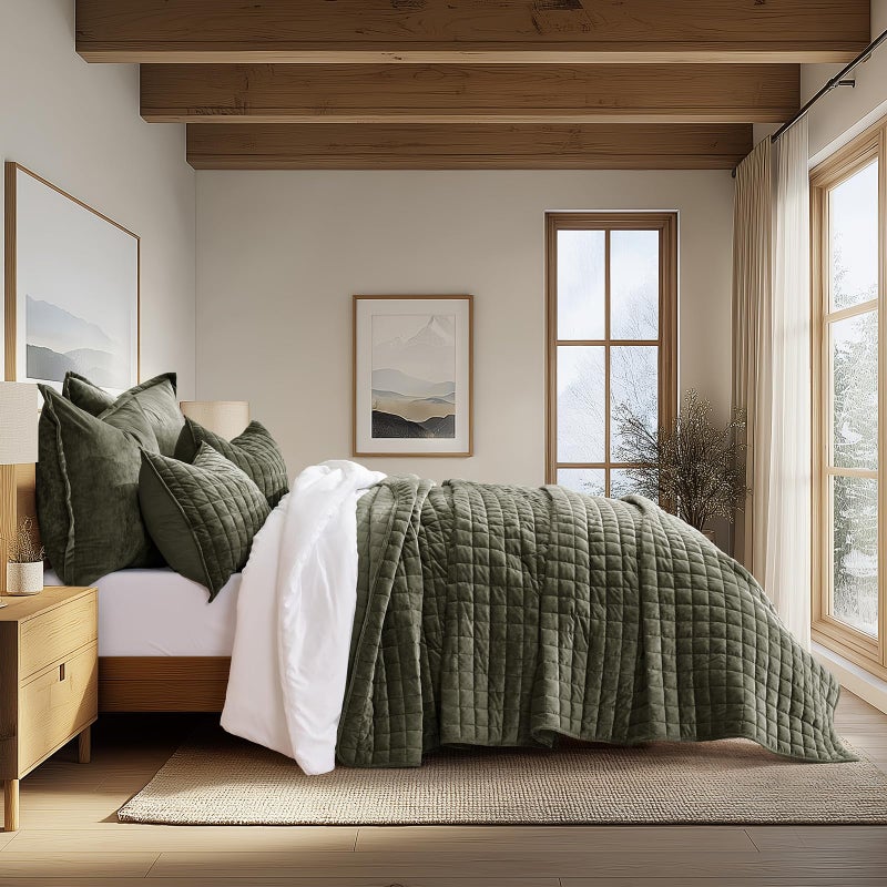 RECYCO Luxury Velvet Quilt Set Full Queen Size, Lightweight Velvet Comforter Set, Oversized Bedspread Coverlet Quilted Bedding Set, with 2 Matching Pillow Shams, for All Season, Olive Green - Image 2