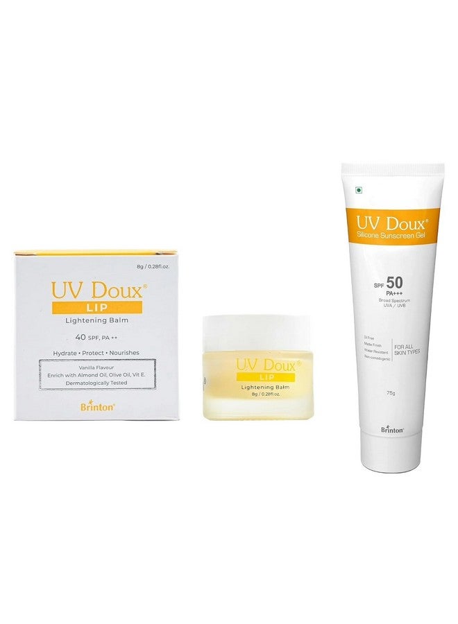 بريتون مرطب الشفاه 8 جرام وجل الوقاية من أشعة الشمس للوجه والجسم Uvdoux من Brinton Healthcare بعامل حماية من أشعة الشمس 50 Pa+++ بلمسة نهائية غير لامعة وتركيبة خالية من الزيوت | واقي شمسي مقاوم للماء | حماية من أشعة UVA/UVB (75 جرام) - Image 1