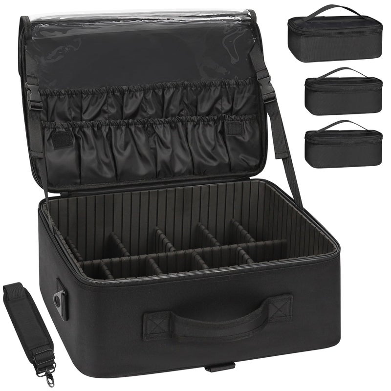 Relavel Large Makeup Bag with 3 Removable Pouches, Travel Train Case Cosmetic Organizer Carrying Box for Makeup Artists Hairstylist with Adjustable Dividers, Brush Holder and Shoulder Strap, Black - Image 1