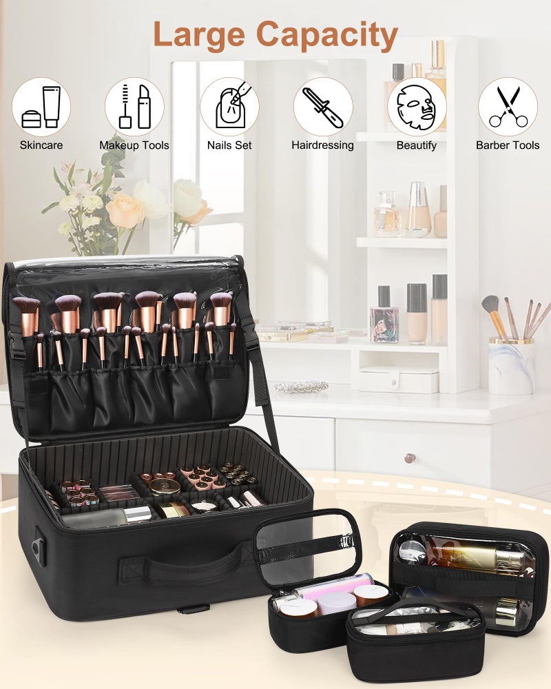 Relavel Large Makeup Bag with 3 Removable Pouches, Travel Train Case Cosmetic Organizer Carrying Box for Makeup Artists Hairstylist with Adjustable Dividers, Brush Holder and Shoulder Strap, Black - Image 5