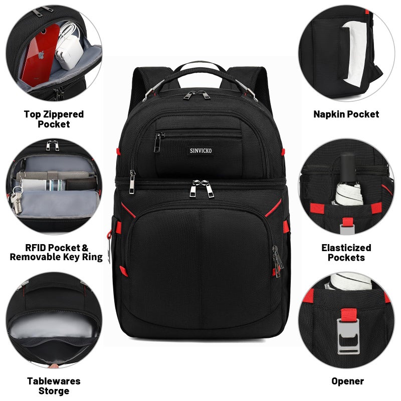 SINVICKO Insulated Cooler Backpack,Double Deck Leak Proof Cooler Bag,Insulated Backpack Cooler Lunch Backpack for Men Women,Black & Red - Image 2