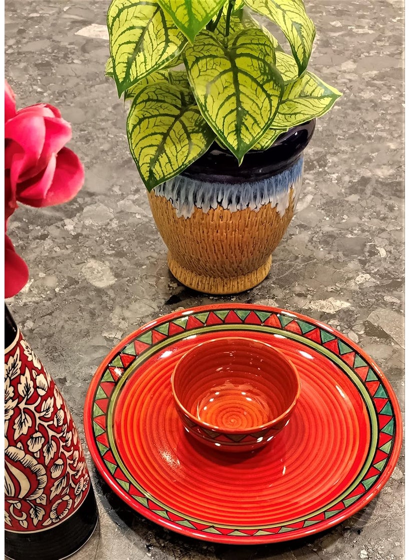 Caffeine Caffeine Ceramic Handmade Red & Green Tribal Combo Dinner Set (4 pcs)  - Image 3