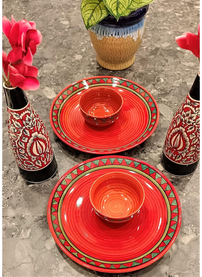 Caffeine Caffeine Ceramic Handmade Red & Green Tribal Combo Dinner Set (4 pcs)  - Image 1