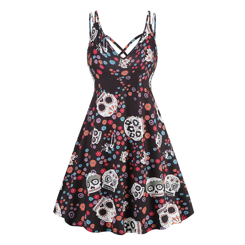 V-Neck Spaghetti Strap Halloween Pumpkin Bat Gothic Dress 6095 - Image 5