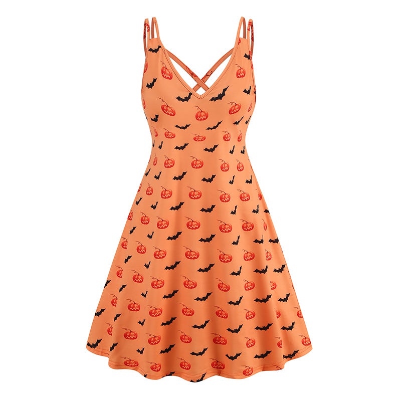 V-Neck Spaghetti Strap Halloween Pumpkin Bat Gothic Dress 6095 - Image 3