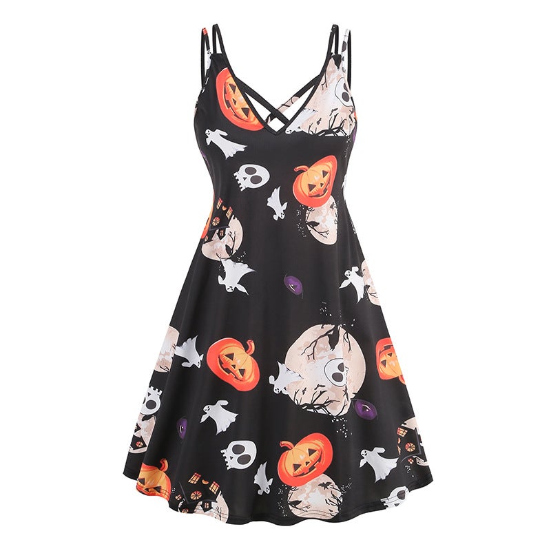 V-Neck Spaghetti Strap Halloween Pumpkin Bat Gothic Dress 6095 - Image 4