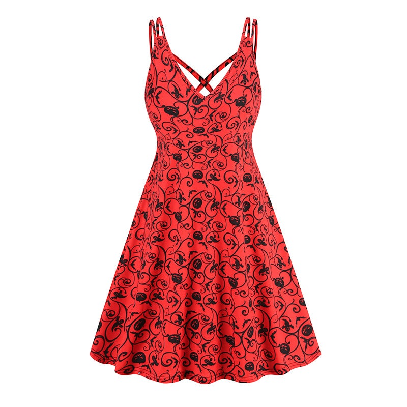 V-Neck Spaghetti Strap Halloween Pumpkin Bat Gothic Dress 6095 - Image 1