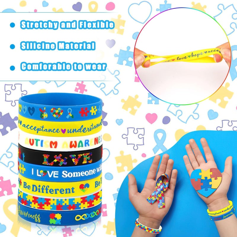 Junebrushs 120Pcs Autism Awareness Silicone Bracelets Puzzle Pieces Ribbons Pattern Inspirational Motivational Rubber Wristbands For Autism Awareness Birthday Decoration Kids Party Favor Gift Supplies - Image 3